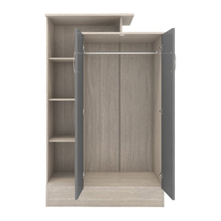 The CHOICEWARDROBE Mack 100cm Grey & Oak Wooden 2 Door Wardrobe features grey gloss doors, a hanging rail, four side shelves, a flat top surface, and a light oak finish—ideal for modern bedroom storage.