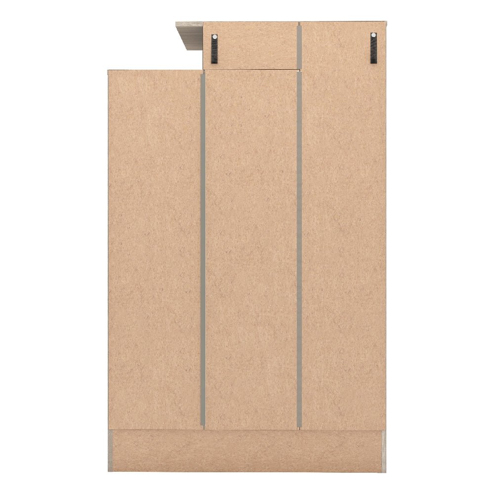 Two-door wardrobe in grey gloss and oak finish with visible side shelves