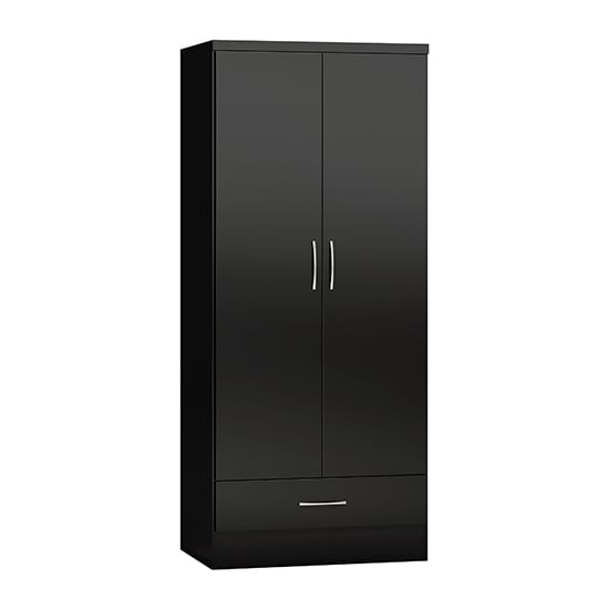 Black two-door wardrobe with a high gloss finish and a single drawer at the bottom.