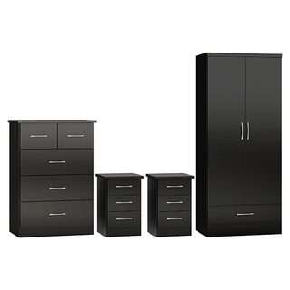 A set of four dark brown bedroom storage pieces: a tall chest of drawers, two three-drawer nightstands, and the CHOICEWARDROBE Mack 2 Door High Gloss Wardrobe in black with hanging rail and drawer storage.