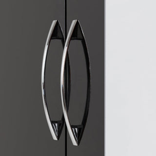 Close-up view of chrome handles on the CHOICEWARDROBE Mack 2 Door Wardrobe with Mirror & 1 Drawer in a black finish, with a white wall visible on the right edge.