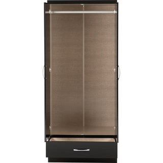 The CHOICEWARDROBE Mack 2 Door Wardrobe with Mirror & 1 Drawer features a sleek black finish, metal handles, hanging rod, and a light brown textured back panel. Measures 74.5cm wide.