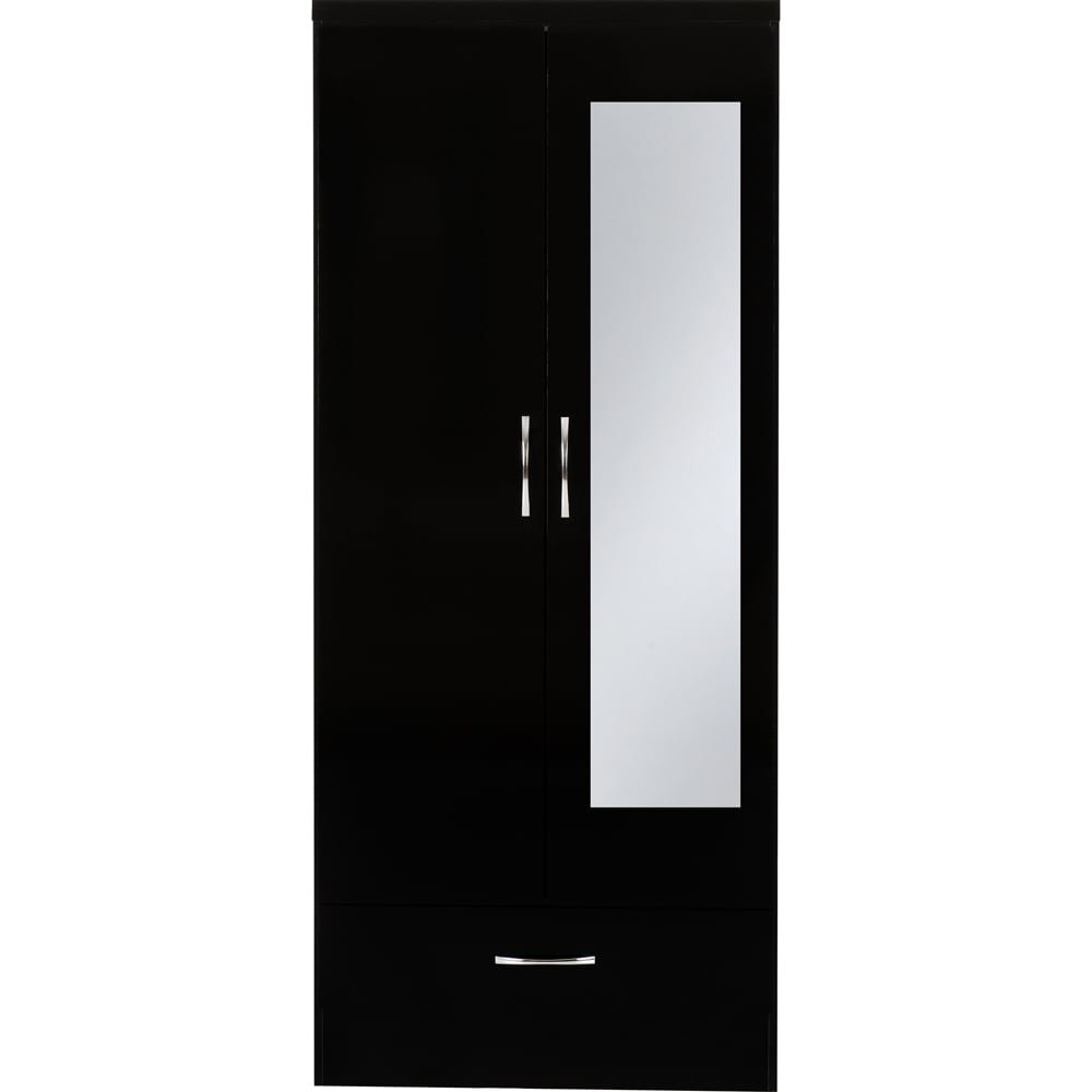 CHOICEWARDROBE Mack 2 Door Wardrobe with Mirror and Drawer - Black Gloss finish.
