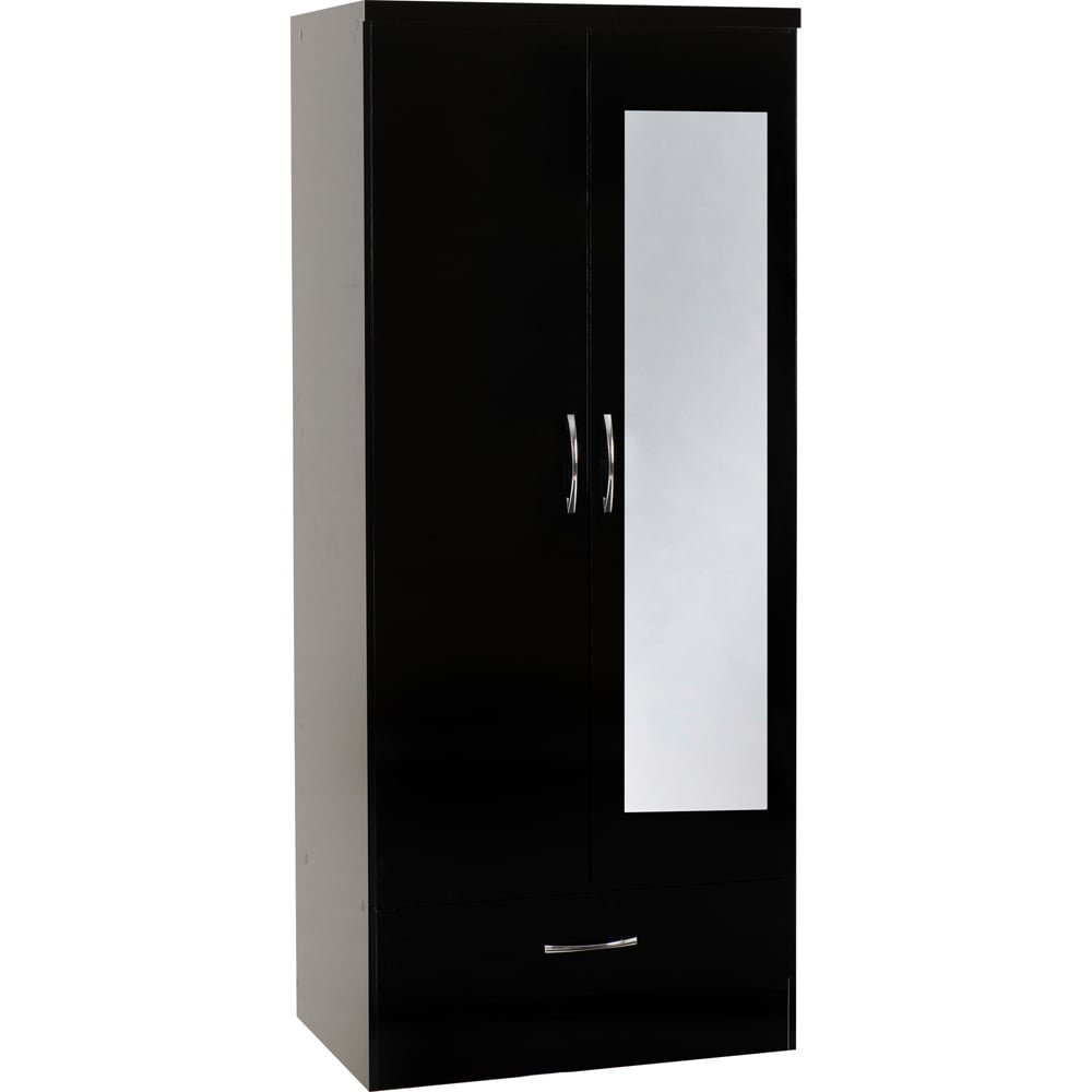 Black gloss 2-door wardrobe with full-length mirror panel and single drawer.