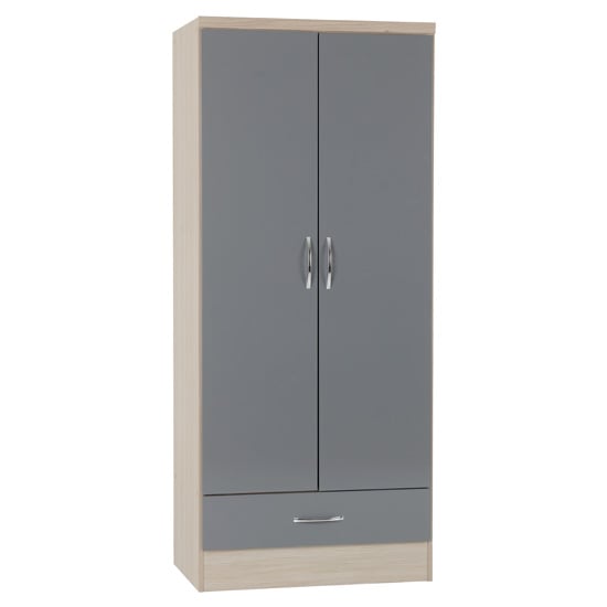 ChoiceWardrobe Mack 2 door wardrobe with oak frame and grey gloss front, featuring a drawer and metal handles.