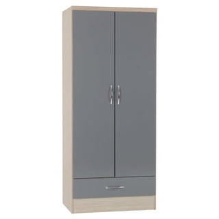 ChoiceWardrobe Mack 2 Door Wardrobe with Oak Frame and Grey Gloss Front, featuring a modern drawer and sleek metal handles.
