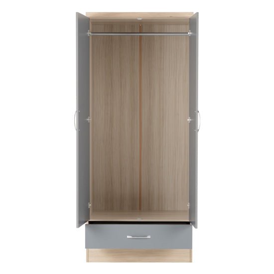 Mack 2 Door wardrobe interior view with oak frame, grey gloss front, hanging rail, and single drawer.