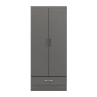 The CHOICEWARDROBE Mack 2 Door Wooden Wardrobe in Graphite Grey features sleek vertical doors with metallic handles, a bottom drawer, and a hanging rail—modern bedroom storage shown on a plain white background.