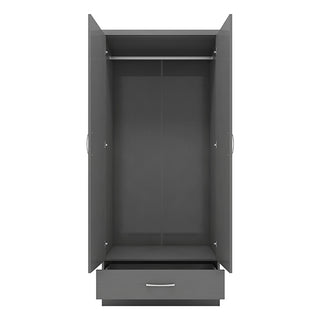 The CHOICEWARDROBE Mack 2 Door Wooden Wardrobe in Graphite Grey features a sleek design with metal handles, an empty hanging rail, and an open bottom drawer—ideal modern bedroom storage with practical style.