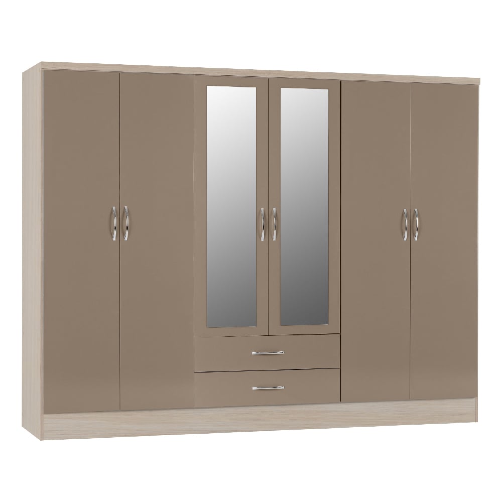 CHOICEWARDROBE Mack 230cm 6 door wardrobe with 2 drawers, oyster gloss fronts and Sonoma oak sides, featuring mirrored panels.