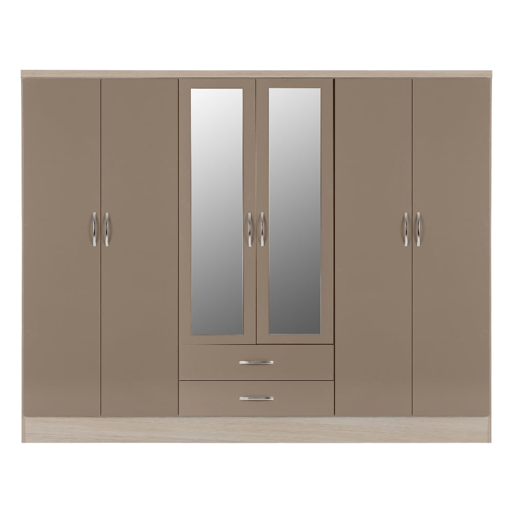 CHOICEWARDROBE Mack 230cm 6-door wardrobe with mirrored centre doors, oyster gloss fronts and Sonoma Oak frame