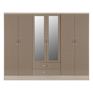 Mack 230cm mirrored wardrobe with oyster gloss doors and sonoma oak frame – straight front view