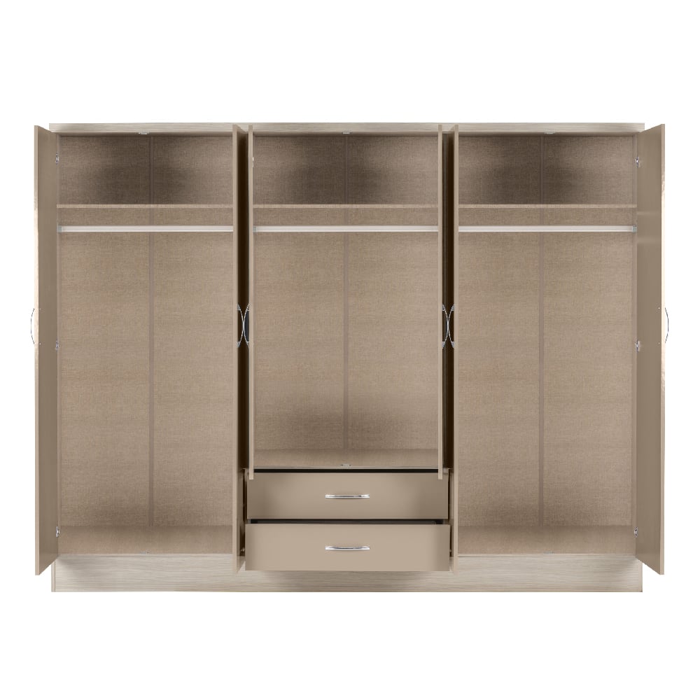 Internal view of CHOICEWARDROBE Mack 230cm 6 door wardrobe in Oyster Gloss & Sonoma Oak, showing hanging rails, shelves and drawers.