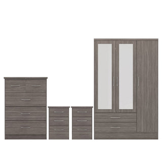 The CHOICEWARDROBE Mack 3 Door Mirrored Bedroom Furniture Set in Grey Oak includes a wardrobe, chest of drawers, and two bedside tables—perfect for a coordinated bedroom style.