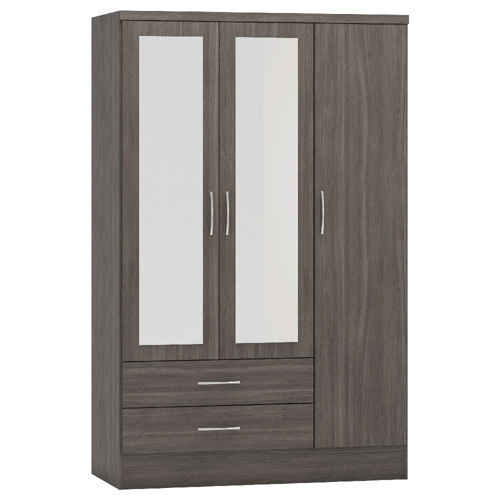 CHOICEWARDROBE Mack 3 door grey oak wardrobe with two mirrored doors and two drawers.