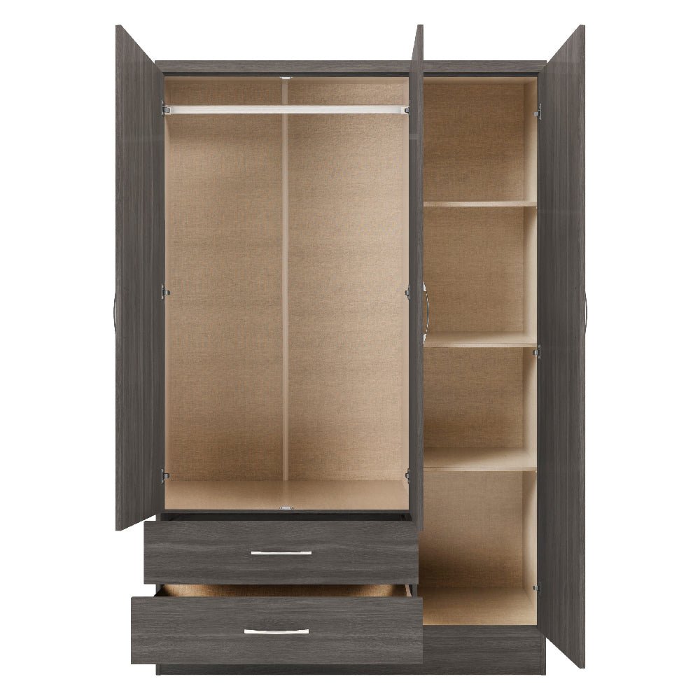Grey oak three door wardrobe with open doors showing hanging rail and two drawers