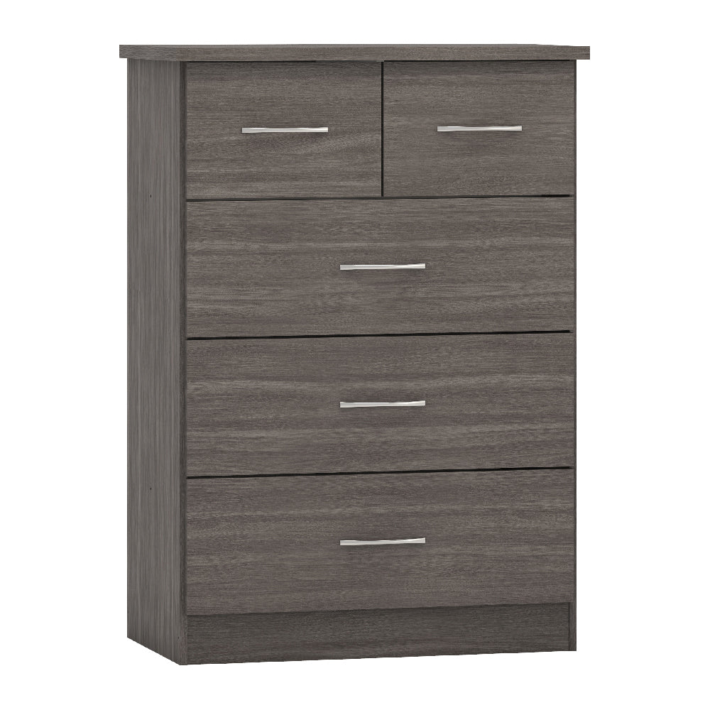 CHOICEWARDROBE Mack grey oak chest of drawers with five drawers and horizontal metal handles.