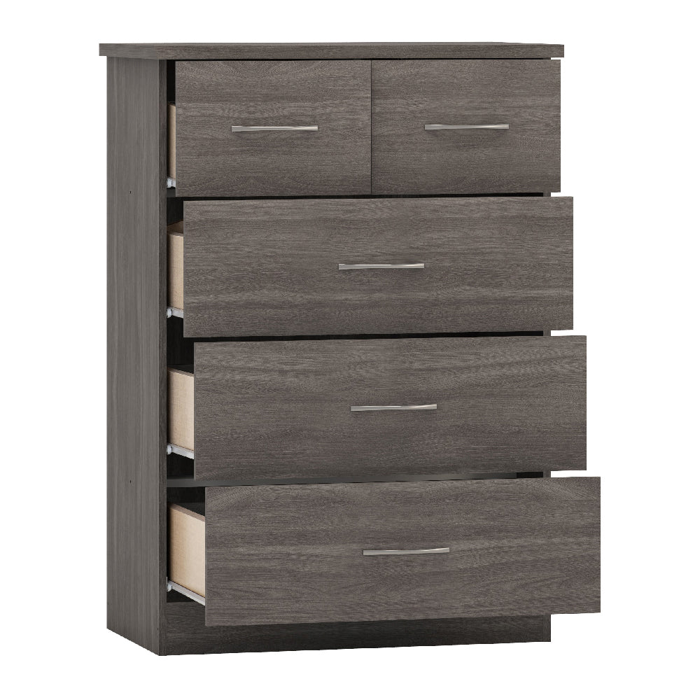 Grey oak effect chest of drawers with five drawers and horizontal metal handles