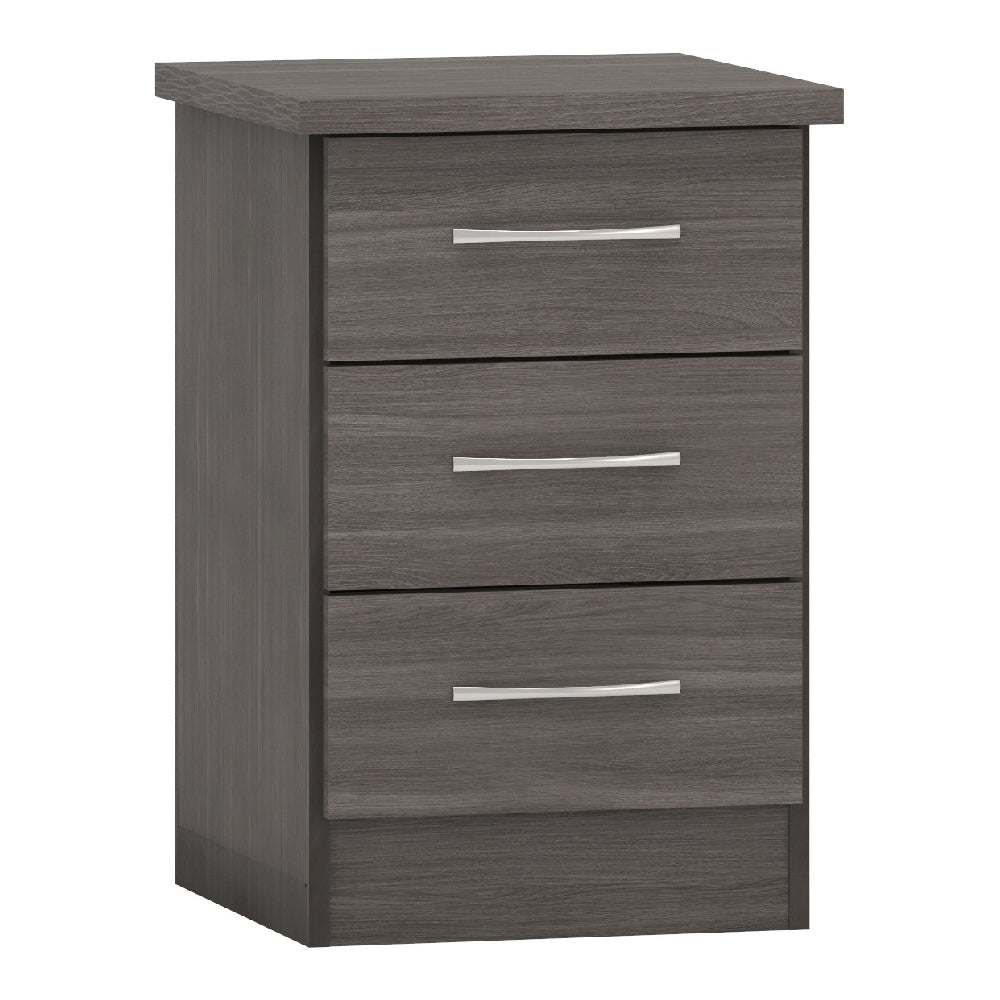 Grey oak three-drawer chest with silver handles