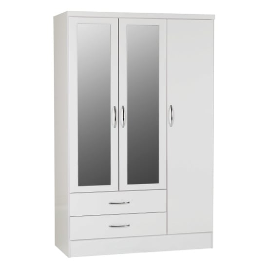 White gloss 3-door wardrobe with mirrored central doors and two drawers
