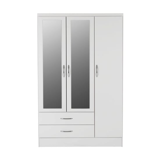 Mack White Gloss 3 Door Wardrobe with Mirrored Centre Doors and 2 Drawers