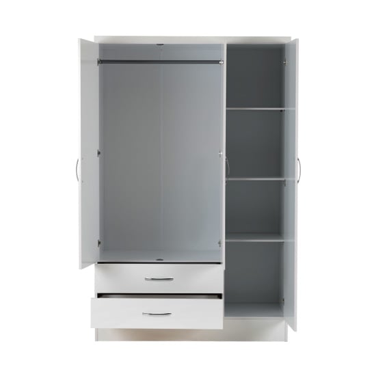Mack 3-door white gloss wardrobe interior with hanging rail, shelves and 2 drawers, one mirrored door.