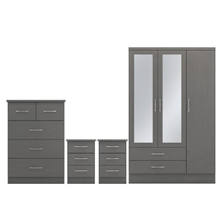 The CHOICEWARDROBE Mack 3 Piece Bedroom Set in grey wood includes a mirrored 3-door wardrobe, chest of drawers, and bedside cabinets—all with silver handles.