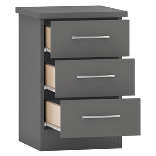 The CHOICEWARDROBE Mack 3 Piece Bedroom Furniture Set features a small, gray chest of drawers with three partially open drawers, light interiors, silver handles, and a simple modern design.
