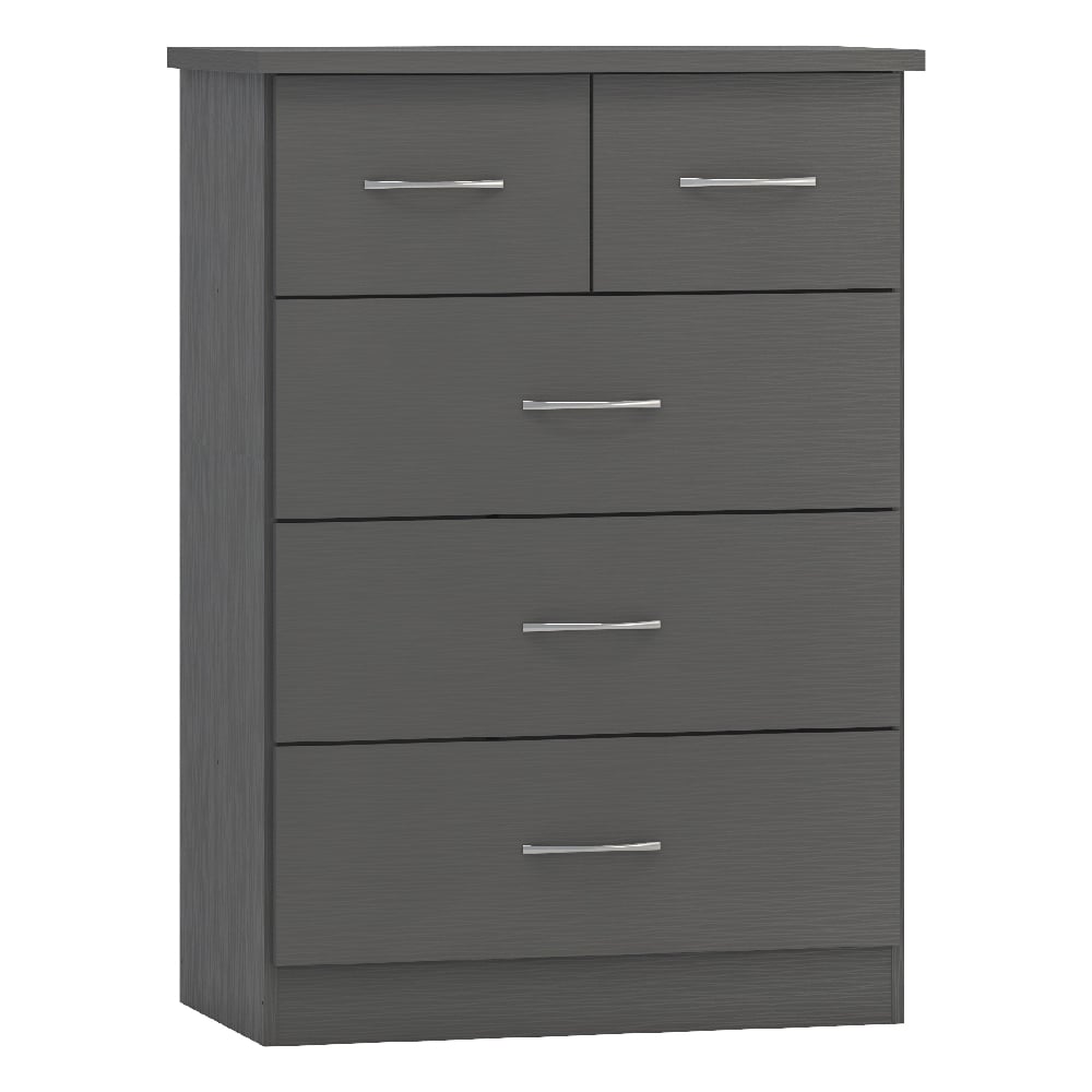 Grey wood effect chest of 5 drawers with silver handles