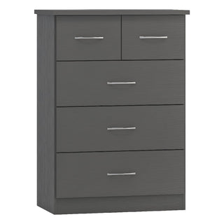 The CHOICEWARDROBE Mack 3 Piece Bedroom Furniture Set in a grey wood finish pairs a mirrored 3-door wardrobe, a chest of drawers with two top and three bottom drawers, and bedside cabinets, all featuring sleek silver handles and modern lines.