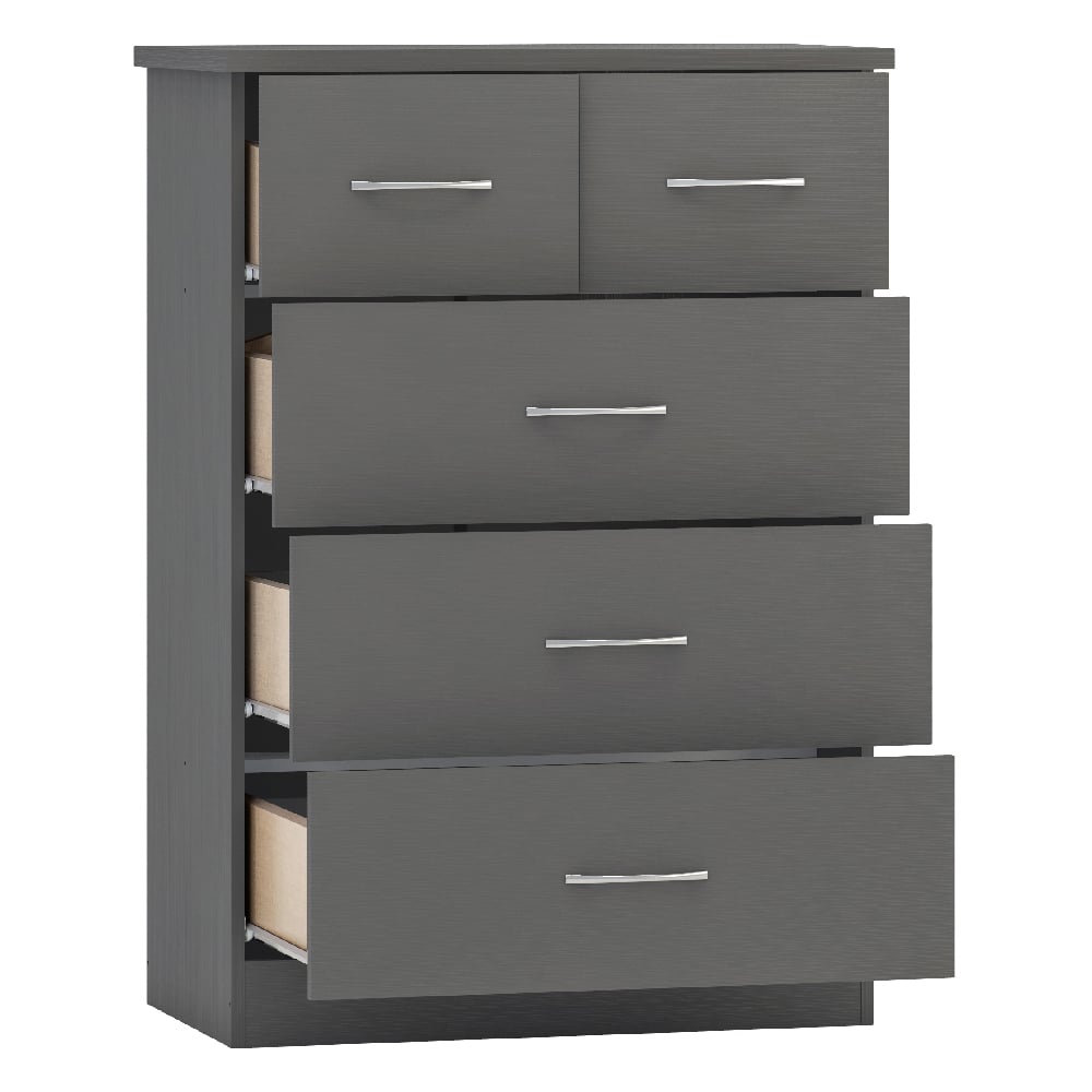 CHOICEWARDROBE Mack chest of drawers in grey wood finish, with five drawers, three partially open.
