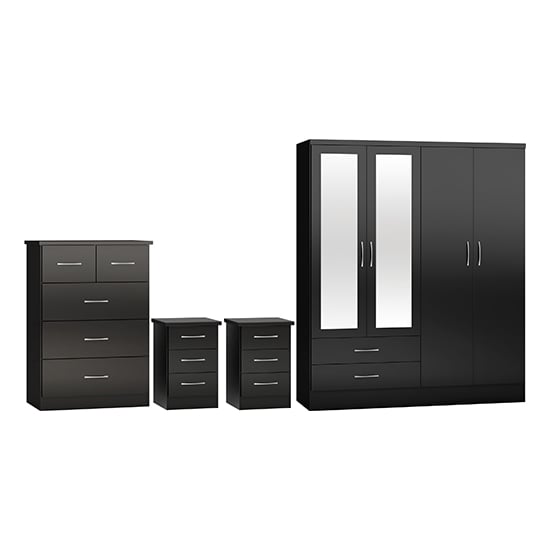 CHOICEWARDROBE Mack black gloss 4-door wardrobe with mirrored panels, chest of drawers and two bedside tables.