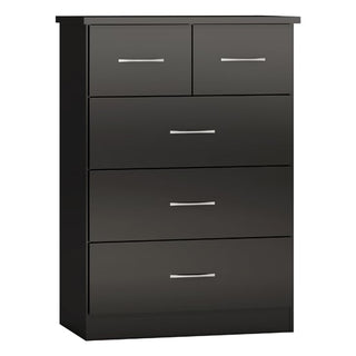 The CHOICEWARDROBE Mack 4 Door Black Gloss Bedroom Furniture Set includes a wardrobe, chest of drawers, and 2 bedside tables with a modern mirror finish—ideal for sleek bedroom storage.