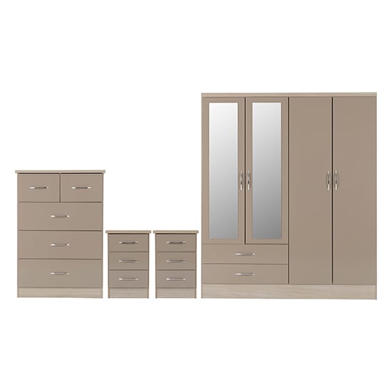 Oyster gloss 4-door mirrored wardrobe with chest of drawers and two bedside tables.
