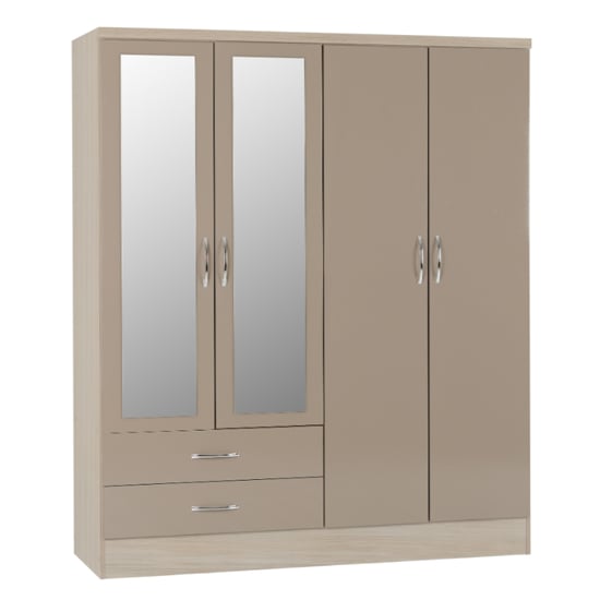 ChoiceWardrobe Mack 4 door mirrored wardrobe in oyster gloss with two mirrored doors and two drawers.