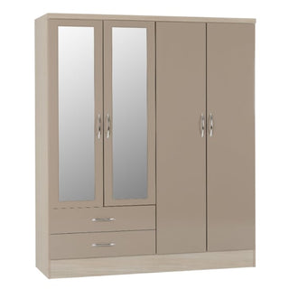 The CHOICEWARDROBE Mack 4 Door Mirrored Wardrobe Bedroom Set in oyster gloss features two mirrored doors with drawers below, two solid right-side doors, and metal handles—a stylish storage solution for any bedroom.