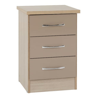 A compact cabinet with three beige drawers and metallic handles, ideal for pairing with the CHOICEWARDROBE Mack Oyster Gloss Mirrored Wardrobe Bedroom Set. Light wood sides and top add a modern touch.
