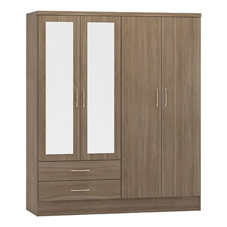 The CHOICEWARDROBE Mack 4 Door Mirrored Wardrobe features a rustic oak finish, full-length mirrors on two doors, and two spacious drawers—combining stylish metallic handles with ample bedroom storage.