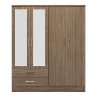 The CHOICEWARDROBE Mack 4 Door Mirrored Wardrobe in rustic oak finish offers spacious bedroom storage with two full-length mirrored doors and two bottom drawers, featuring simple metal handles for a stylish and practical touch.