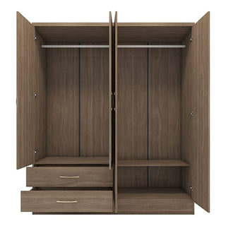 The CHOICEWARDROBE Mack 4 Door Mirrored Wardrobe in rustic oak offers spacious bedroom storage with full-length mirrors and two drawers, combining a modern design with practical hanging rods and shelving.