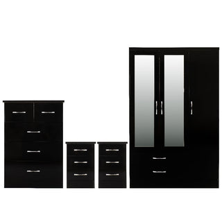 The CHOICEWARDROBE Mack 4 Piece Bedroom Furniture Set in Black includes a 3 door mirrored wardrobe, chest of drawers, and 2 bedside tables with a modern high gloss finish, displayed against a white background.