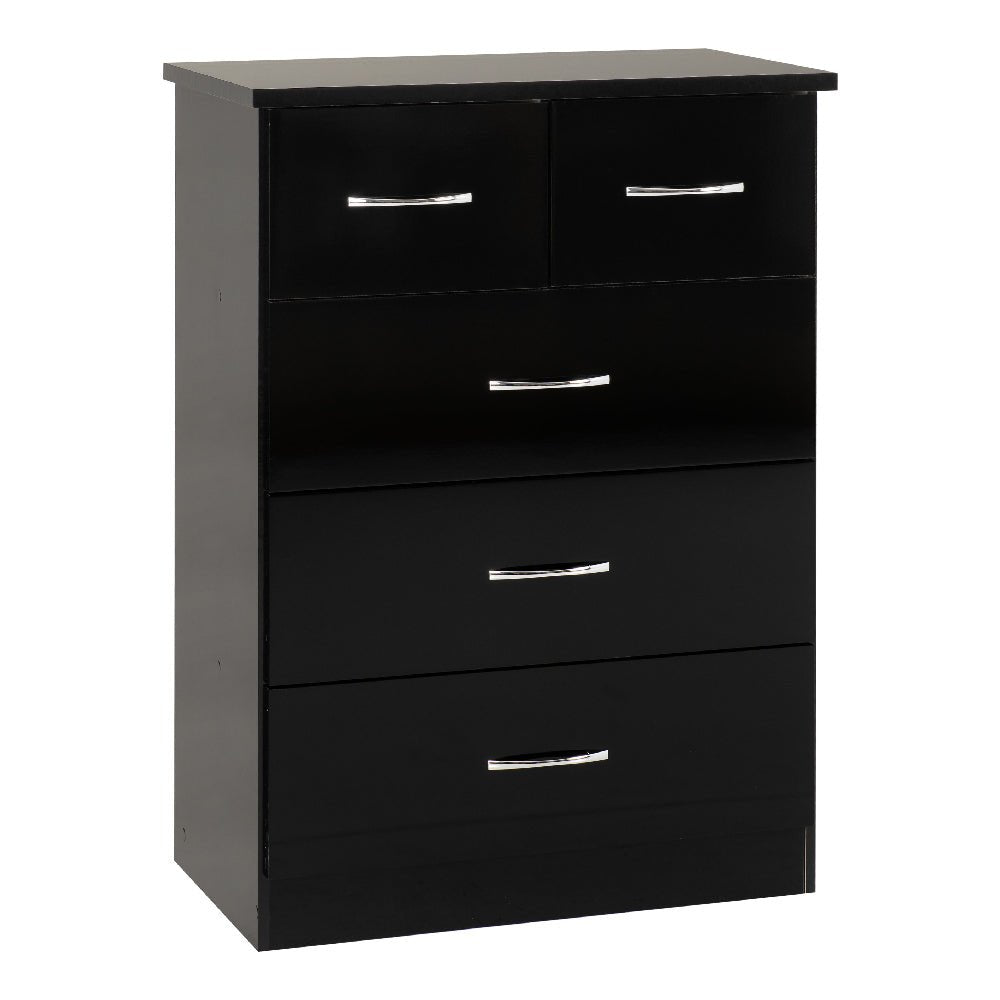 Black high gloss chest of drawers with four drawers and silver handles