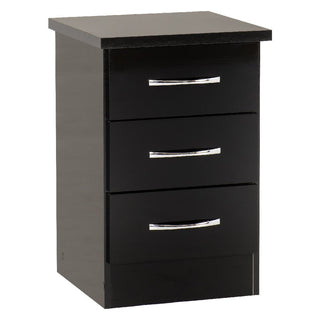 The CHOICEWARDROBE Mack 4 Piece Bedroom Furniture Set in black features a modern high gloss finish, including a 3-door mirrored wardrobe, chest of drawers, and 2 sleek bedside tables for a stylish look.