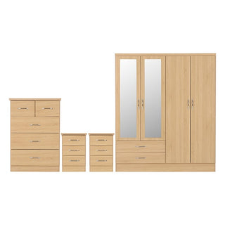 The CHOICEWARDROBE Mack 4 Piece Bedroom Furniture Set includes a 4-door mirrored wardrobe, chest of drawers, and 2 bedside tables in a natural oak finish.