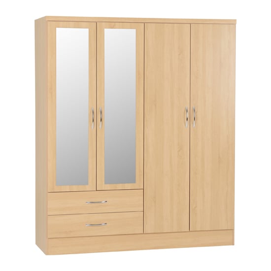 Natural oak 4-door wardrobe with mirrored front panels and two drawers below.