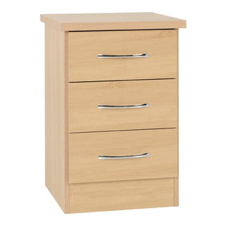 The CHOICEWARDROBE Mack Bedroom Set includes 2 natural oak bedside tables, each with three drawers and silver handles, featuring a simple rectangular design and smooth finish. Part of a 4-piece set with wardrobe and chest of drawers.