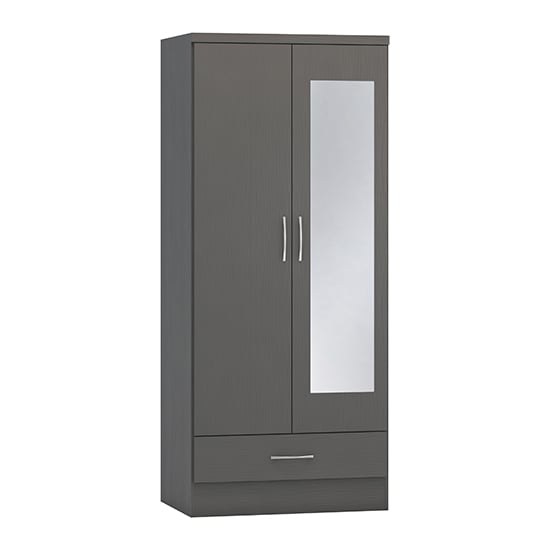 Grey two-door wooden wardrobe with a mirrored door and a bottom drawer, silver handles.