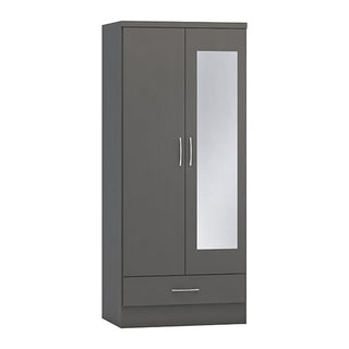 The CHOICEWARDROBE Mack is a 78cm tall grey wooden wardrobe with 2 doors (one mirrored), a bottom drawer, and a hanging rail. Silver handles complete this ideal bedroom storage solution.