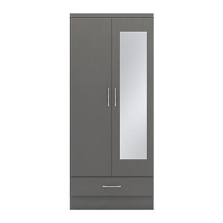The CHOICEWARDROBE Mack 78cm Grey 2 Door Mirrored Wooden Wardrobe features a full-length mirror, metal handles, a spacious bottom drawer, and a hanging rail for practical bedroom storage.