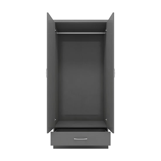 Grey 2-door wardrobe with hanging rail and drawer storage, open doors, white background